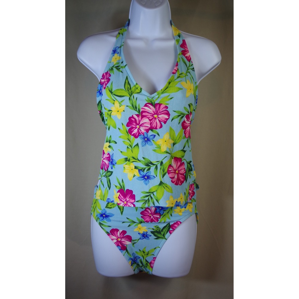 Jantzen Women's Medium Tropical Floral Halter Tankini Swimsuit Set Aqua Pink
